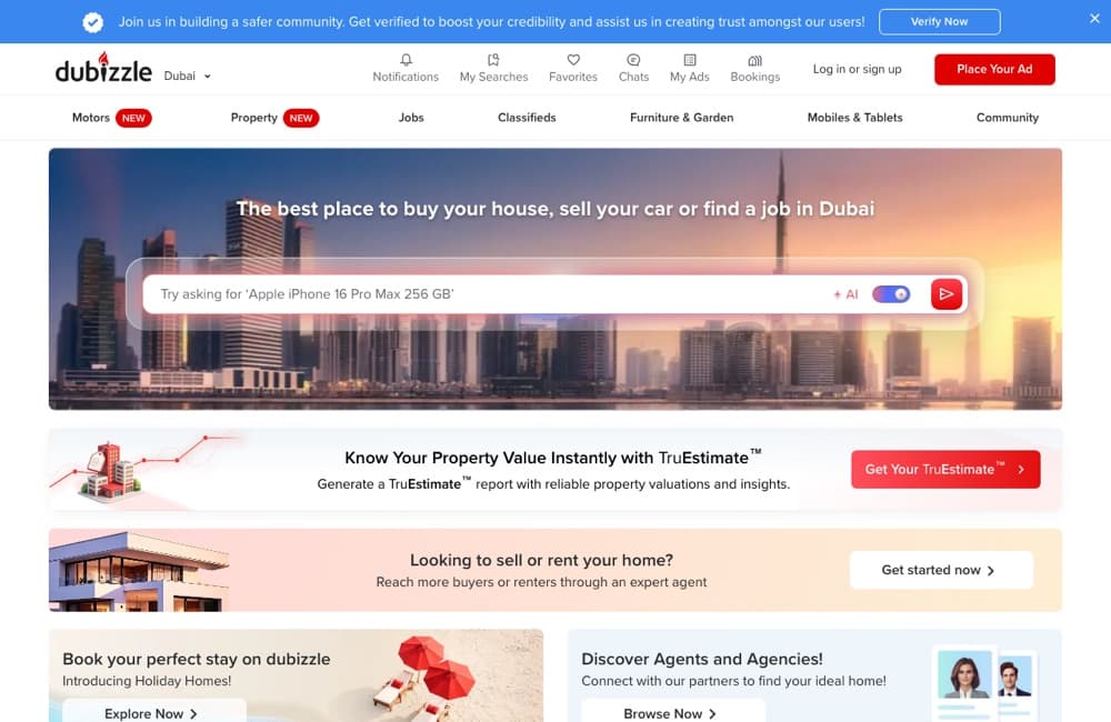 Página inicial do marketplace de classificados dubizzle nos Emirados