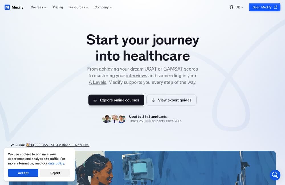 Página inicial da plataforma de estudos para medicina Medify