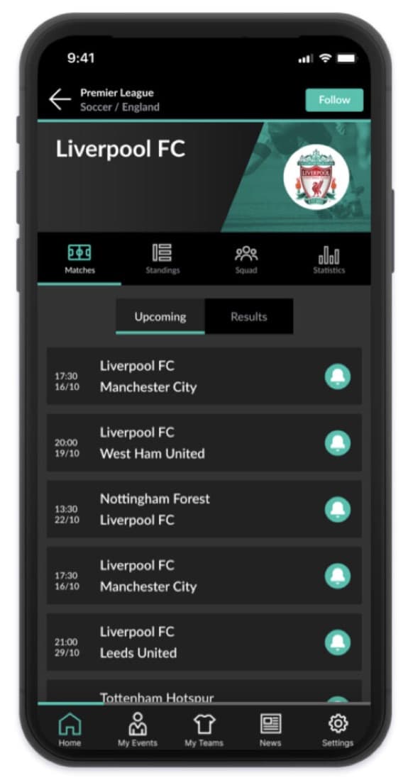 App Triggy Live Score exibindo dados de uma partida de futebol
